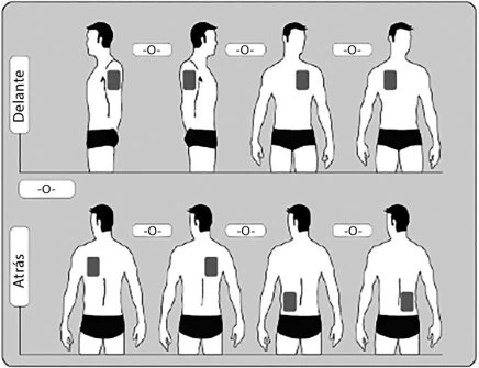 Schema con otto figure umane che mostrano i diversi punti di iniezione su braccio, addome e coscia, visti di profilo e di fronte o di schiena