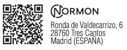 Codice QR nero su sfondo bianco accanto al logo Normon e all'indirizzo Ronda de Valdecarrizo 6 28760 Tres Cantos Madrid Spagna