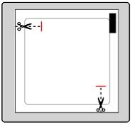 Scissors icon with dashed lines and red segments indicating where to cut the edges of a rectangular sheet with a gray border