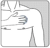 Schematic drawing of a male torso with a hand pressing on a highlighted circular area on the left chest