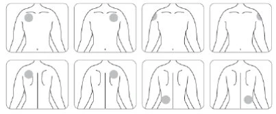 Series of eight diagrams of the human torso indicating injection sites on the chest, shoulders, and back using faded gray circles