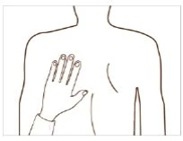 Line drawing of a person's torso with a hand placed on the right chest over the heart