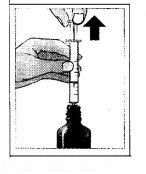 Two hands holding a syringe with needle inserted into a medicine vial with a black arrow pointing downward