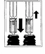 Technical diagram showing two syringes with black arrows indicating downward movement of the first and upward movement of the second