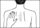 Line drawing of a person viewed from behind with one hand placed on the upper left back
