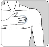 Disegno schematico di un busto maschile con una mano appoggiata sul petto che indica la zona del cuore evidenziata in blu