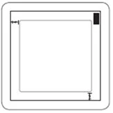 Diagramma tecnico di un riquadro quadrato con bordi arrotondati, linee di contorno nere e piccoli indicatori di misura sugli angoli opposti