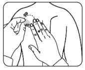 Disegno lineare di una persona di schiena con una mano che applica un piccolo dispositivo sulla spalla