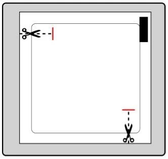 Diagram with scissors and red dashed lines indicating cut marks on a white sheet with a gray border to separate content