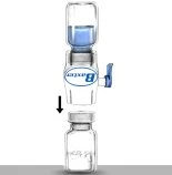 Diagram showing the detachment of an upper container with blue liquid from a lower glass vial via a black downward arrow