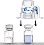 Transparent Baxter device with black arrows indicating the pouring movement from a vial with powder to a vial with blue liquid