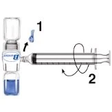 Diagram showing how to remove the blue cap from a glass vial and rotate the syringe to attach it