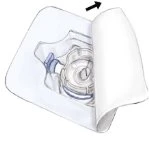 Technical drawing of a medical device with a white base and a transparent central component with a black arrow indicating movement