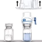 Transparent Baxter device for dosing liquid from a glass vial with gray cap on a white background