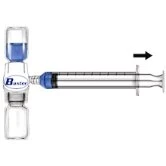 Horizontal syringe connected to a T-connector joining two vertical glass vials, with a black arrow indicating movement to the right