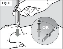 Disegno tecnico che mostra una mano che impugna una siringa per un'iniezione