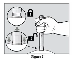 Diagram showing a hand holding a medical device with lock and unlock lock icons indicating rotation to unlock