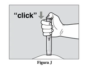 A hand holds vertically a medical pen device pressing downward with the word 'click' and a downward-pointing arrow