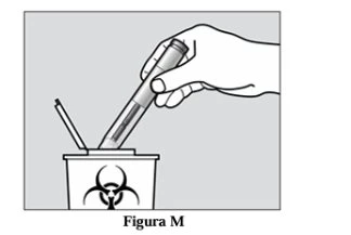 A hand holds a syringe to place it into a biohazard waste container marked with the biohazard symbol