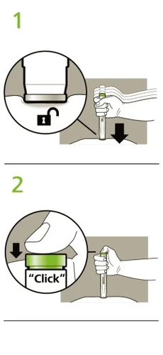 Two-step diagram showing how to rotate the top of an injection pen to unlock it and then press down until a click is heard