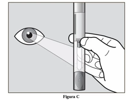 Black and white drawing of an eye closely observing the liquid level in a syringe