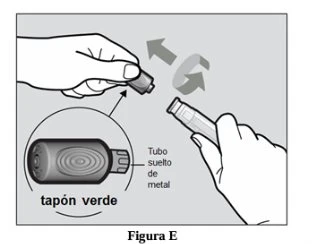 A hand unscrews a green cap from a metal tube with a rotational movement indicated by a curved arrow in a medical diagram