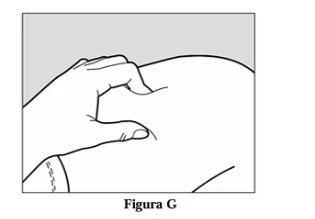 Black and white drawing showing a hand pinching the skin of the arm or thigh to prepare for injection