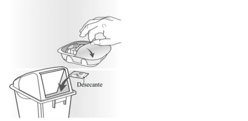 A hand placing a container with pills into a larger container where a desiccant packet is present