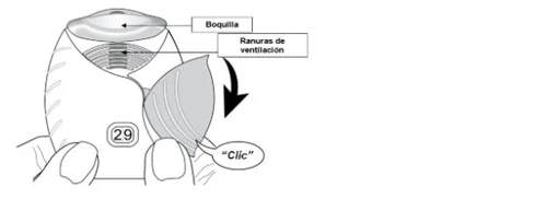 Technical diagram of a medical device labeled 'Boquilla' and 'Ranuras de ventilación', with an arrow indicating downward movement accompanied by a 'Clic' sound