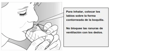 Schematic drawing of a person holding an inhaler with lips sealed around the mouthpiece, accompanied by Spanish text explaining the inhalation technique