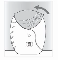 Schematic drawing of a white medical device showing the number 29 on a display and a curved arrow indicating rotation of the upper part