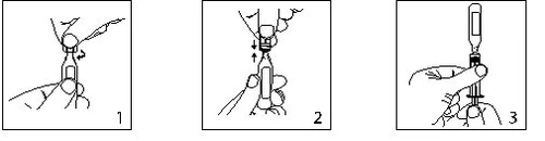 Tre diagrammi numerati mostrano le fasi per preparare il farmaco:  1 svitare il cappuccio, 2 aspirare il liquido e 3 inserire l'