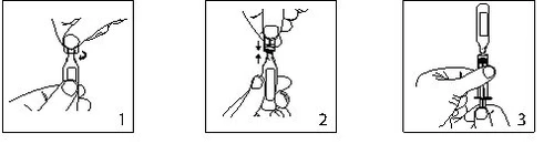 Tre diagrammi numerati che mostrano come svitare il tappo, sollevare il flacone e inserire la siringa per prelevare il farmaco liquido