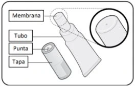Medical diagram showing components of a device labeled as membrane, tube, tip, and cap on a white background