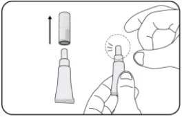 Technical drawing showing hands removing the protective cap from a medical device with an arrow pointing downward