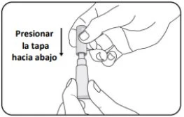Two hands holding a vial and a cap, with an arrow indicating to press the cap downward to open it
