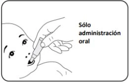 Black and white drawing of a hand holding a vial to administer medication directly into a newborn's mouth with text in Spanish