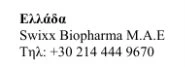 Text in Greek and English with the words Ellada, Swixx Biopharma M.A.E and the phone number +30 214 444 9670 on a white background
