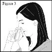 Disegno in bianco e nero di una donna con capelli scuri che tiene un flacone spray vicino al naso per l'