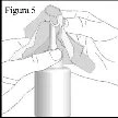 Disegno tecnico che mostra due mani che impugnano e manovrano un contenitore cilindrico dotato di dispositivo di erogazione superiore