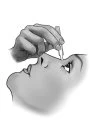 Disegno in bianco e nero di una mano che utilizza una pipetta per far cadere una goccia di liquido nella bocca di una persona in profilo