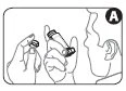 Disegno in bianco e nero che mostra due mani che svitano e separano i due componenti di un flacone medico con la lettera A in un cerchio