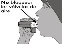 Disegno in bianco e nero di una persona che usa un inalatore tenendolo vicino alla bocca con un avviso che indica di non bloccare le valvole d'inalazione