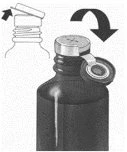 Diagram showing how to lift the metal cap of a vial using a tab and how to reposition it with a twisting motion