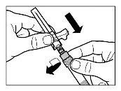 Two hands rotating parts of a syringe in opposite directions, indicated by black arrows, to separate the device
