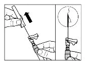 Technical drawing showing hands removing the protective cap from a needle and a close-up detail of the