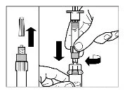 Diagram illustrating how to remove the upper cap of a syringe and insert the lower part for assembling the device
