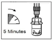 Medical diagram with a timer indicating 5 minutes and a device with downward-pointing arrows showing pressure movement