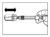 A hand holding a syringe with a needle being inserted into and removed from a vial following a horizontal movement indicated by a black arrow