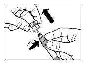Two hands rotating a medicine vial and an injection device in opposite directions to connect them together